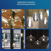 Collage of light bulbs in various settings with a blue border and text 'Application scenarios Anwendungsszenarien'.